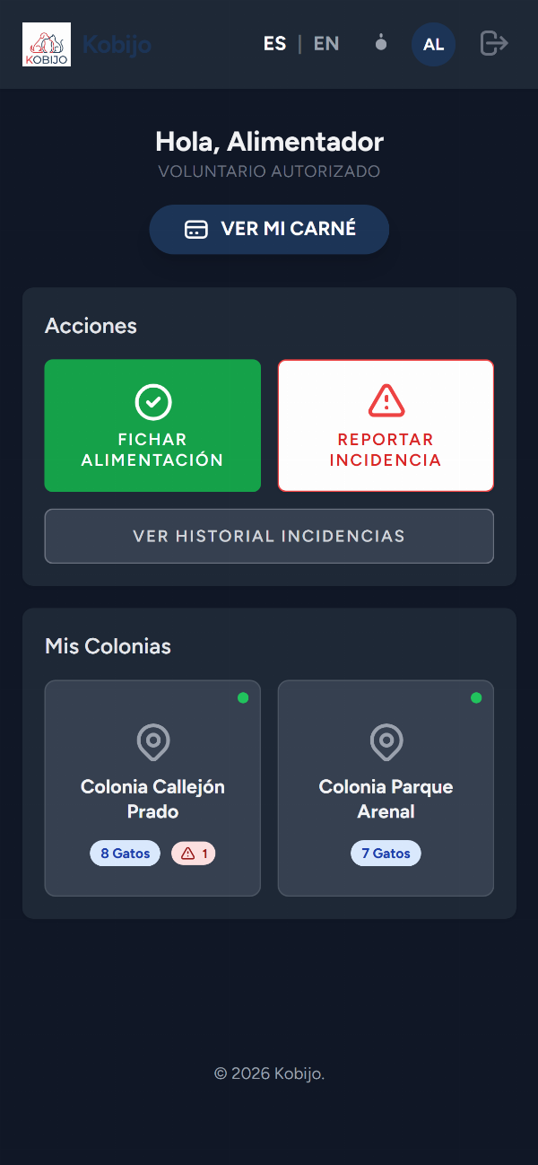 La pantalla del alimentador en el móvil: fichar la alimentación y avisar de una incidencia.
